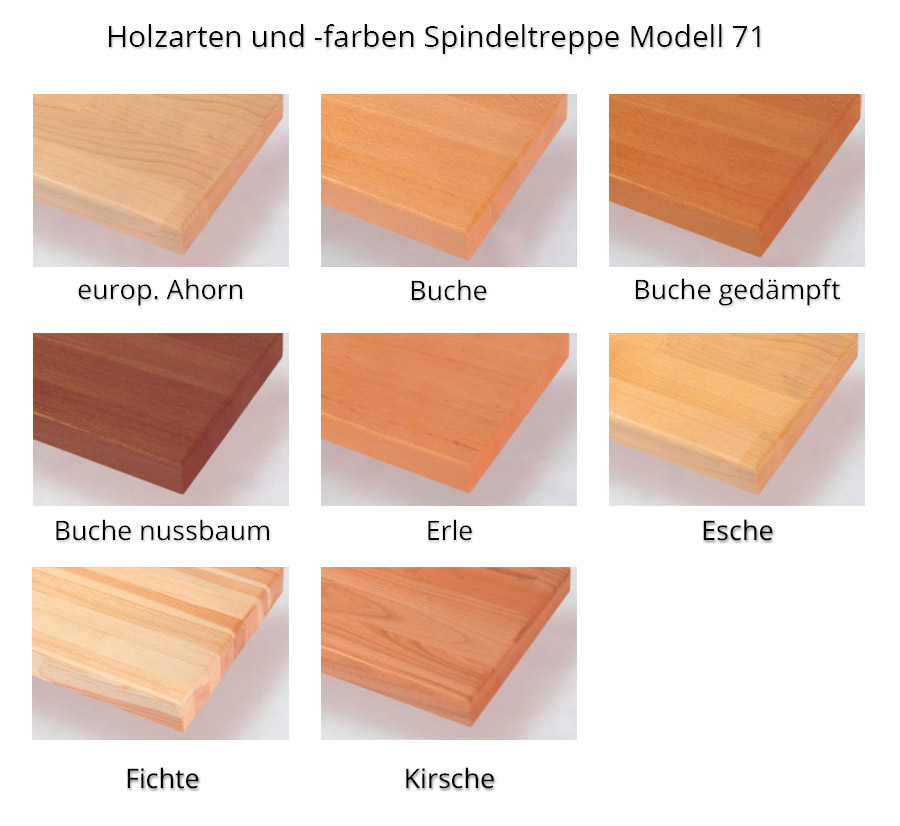 Holzarten und -farben der Spindeltreppe Modell 71